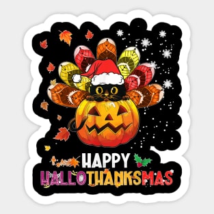 Black Cat Halloween And Merry Christmas Happy Hallothanksmas Sticker